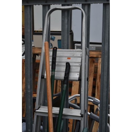 1001 - AN ALUMINIUM STEP LADDER, along with a bundle of hand garden tools, including shears, rakes, etc (10... 