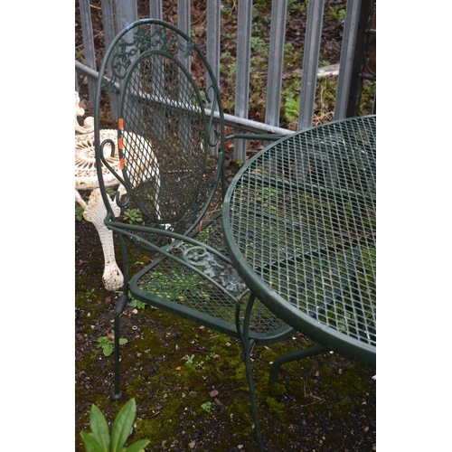 1004 - AN ALUMINIUM CIRCULAR GARDEN TABLE, diameter 97cm x height 69cm and two armchairs (condition report:... 