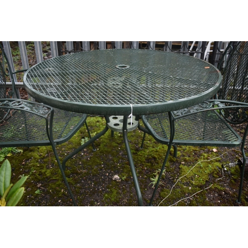 1004 - AN ALUMINIUM CIRCULAR GARDEN TABLE, diameter 97cm x height 69cm and two armchairs (condition report:... 