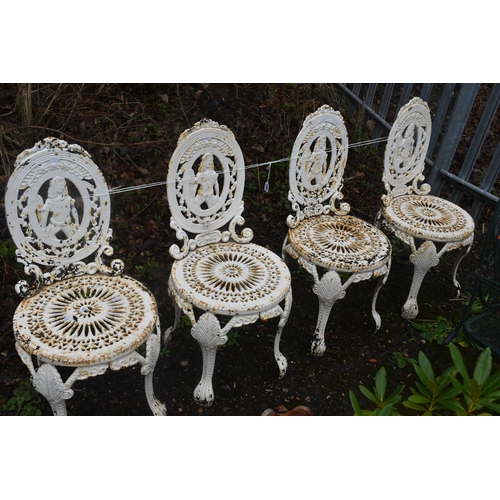 1005 - A SET OF FOUR WHITE PAINTED CAST IRON GARDEN CHAIRS, depicting a person to the oval back, over a cir... 