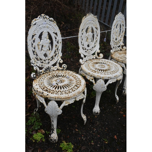 1005 - A SET OF FOUR WHITE PAINTED CAST IRON GARDEN CHAIRS, depicting a person to the oval back, over a cir... 