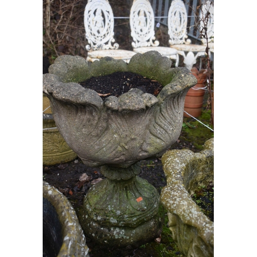 1010 - THREE SIMILAR WEATHERED ACANTHUS LEAF SHAPED CIRCULAR PLANTERS, largest planter diameter 50cm x heig... 