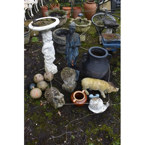 1015 - A SELECTION OF PLASTIC GARDEN ITEMS, to include a bird bath, female figure, urn, Buddha, ram, etc, a... 