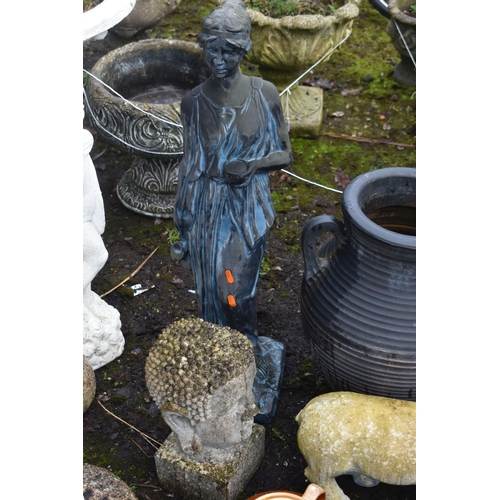 1015 - A SELECTION OF PLASTIC GARDEN ITEMS, to include a bird bath, female figure, urn, Buddha, ram, etc, a... 