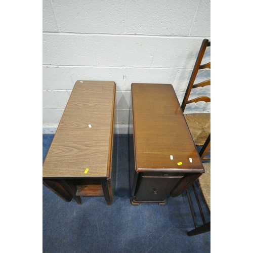 1257 - A 20TH CENTURY OAK DROP LEAF TABLE, with a single drawer and door, a Formica drop leaf table, along ... 