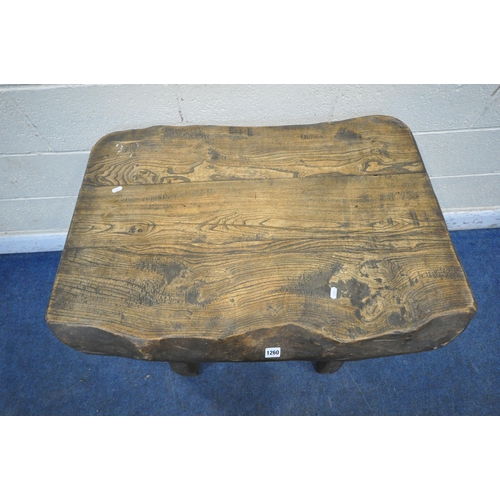 1260 - A RUSTIC LIVE EDGE ELM TABLE, length 90cm x depth 67cm x height 73cm x elm top 3.5 inches thick (con... 