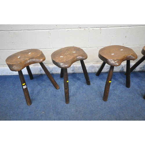 1263 - FIVE RUSTIC LIVE EDGE ELM SEATED THREE LEGGED MILKING STOOLS (condition report: all legs sturdy, gen... 