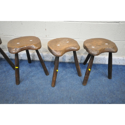 1263 - FIVE RUSTIC LIVE EDGE ELM SEATED THREE LEGGED MILKING STOOLS (condition report: all legs sturdy, gen... 