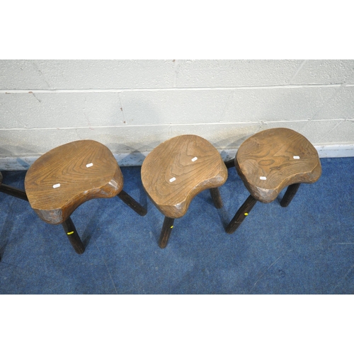 1263 - FIVE RUSTIC LIVE EDGE ELM SEATED THREE LEGGED MILKING STOOLS (condition report: all legs sturdy, gen... 