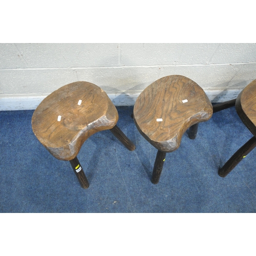 1263 - FIVE RUSTIC LIVE EDGE ELM SEATED THREE LEGGED MILKING STOOLS (condition report: all legs sturdy, gen... 