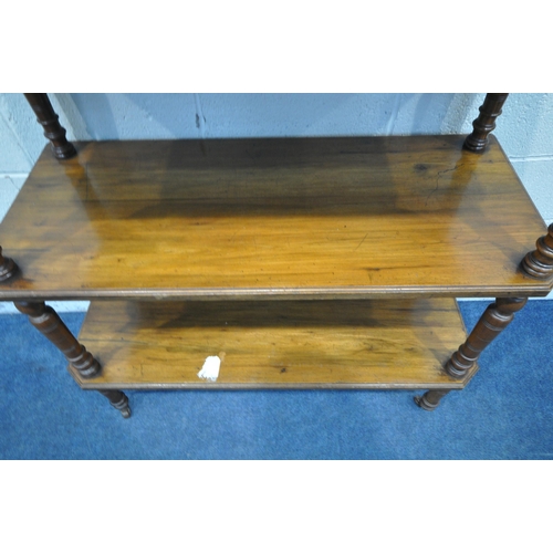 1270 - AN EDWARDIAN CENTURY WALNUT THREE TIER BUFFET, raised on turned and tapered supports, width 107cm x ... 