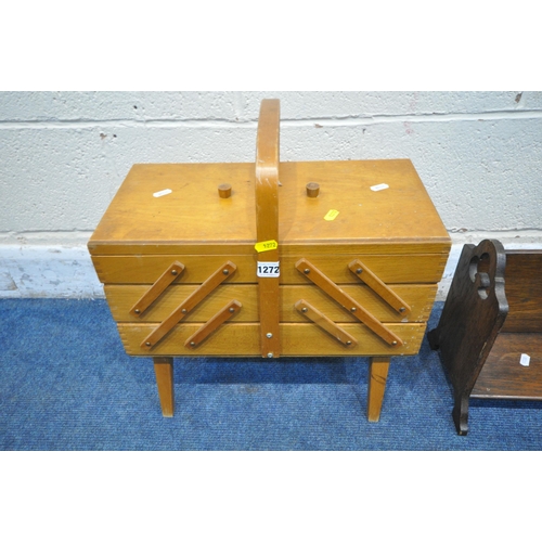 1272 - A 20TH CENTURY CANTILEVER SEWING BOX, with a small amount of contents, a table top oak book stand, a... 