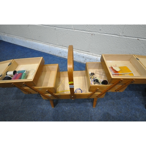 1272 - A 20TH CENTURY CANTILEVER SEWING BOX, with a small amount of contents, a table top oak book stand, a... 