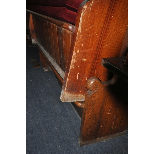 1276 - NINE 20TH CENTURY PINE CHURCH PEWS, from Chase Terrace Methodist Church, all with burgundy upholster... 