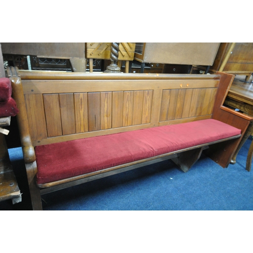 1276 - NINE 20TH CENTURY PINE CHURCH PEWS, from Chase Terrace Methodist Church, all with burgundy upholster... 