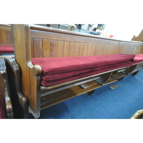 1276 - NINE 20TH CENTURY PINE CHURCH PEWS, from Chase Terrace Methodist Church, all with burgundy upholster... 