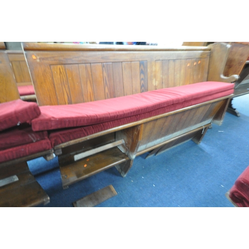 1276 - NINE 20TH CENTURY PINE CHURCH PEWS, from Chase Terrace Methodist Church, all with burgundy upholster... 