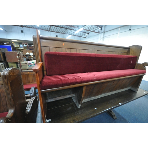 1276 - NINE 20TH CENTURY PINE CHURCH PEWS, from Chase Terrace Methodist Church, all with burgundy upholster... 