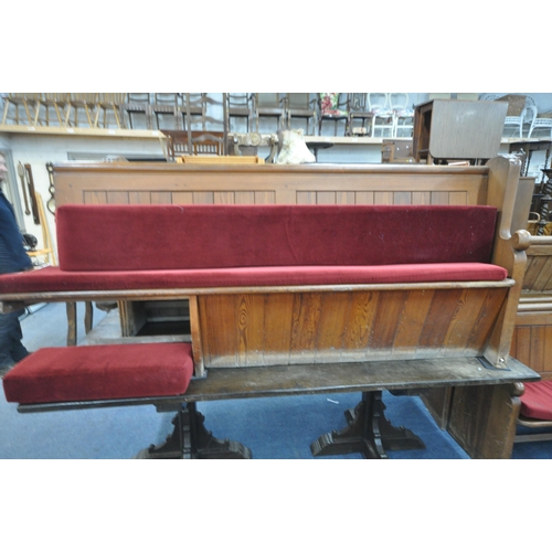 1276 - NINE 20TH CENTURY PINE CHURCH PEWS, from Chase Terrace Methodist Church, all with burgundy upholster... 