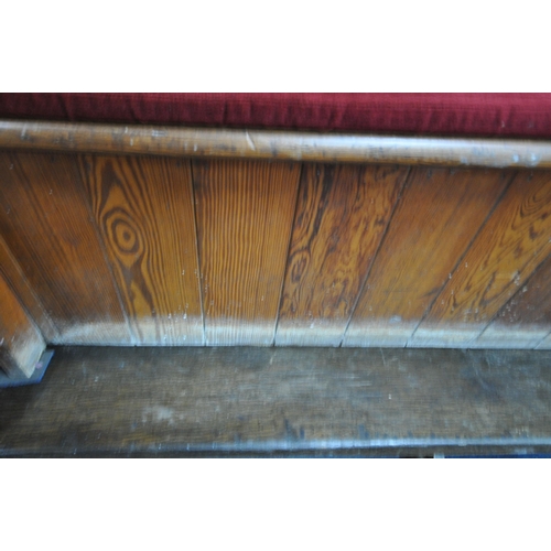 1276 - NINE 20TH CENTURY PINE CHURCH PEWS, from Chase Terrace Methodist Church, all with burgundy upholster... 