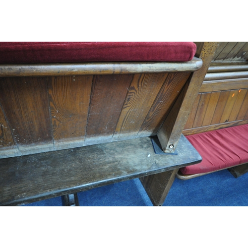 1276 - NINE 20TH CENTURY PINE CHURCH PEWS, from Chase Terrace Methodist Church, all with burgundy upholster... 