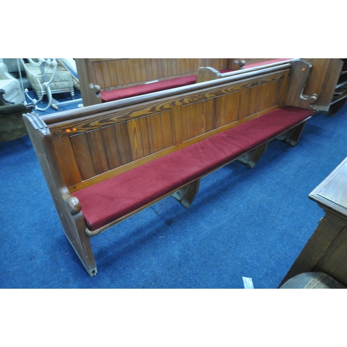 1277 - A 20TH CENTURY PINE CHURCH PEW, from Chase Terrace Methodist Church, with burgundy upholstered seat ... 