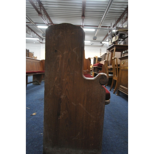 1277 - A 20TH CENTURY PINE CHURCH PEW, from Chase Terrace Methodist Church, with burgundy upholstered seat ... 