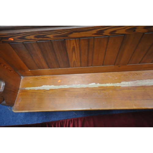 1277 - A 20TH CENTURY PINE CHURCH PEW, from Chase Terrace Methodist Church, with burgundy upholstered seat ... 