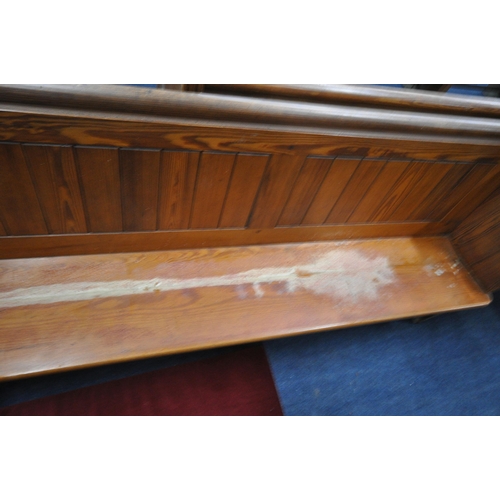 1277 - A 20TH CENTURY PINE CHURCH PEW, from Chase Terrace Methodist Church, with burgundy upholstered seat ... 