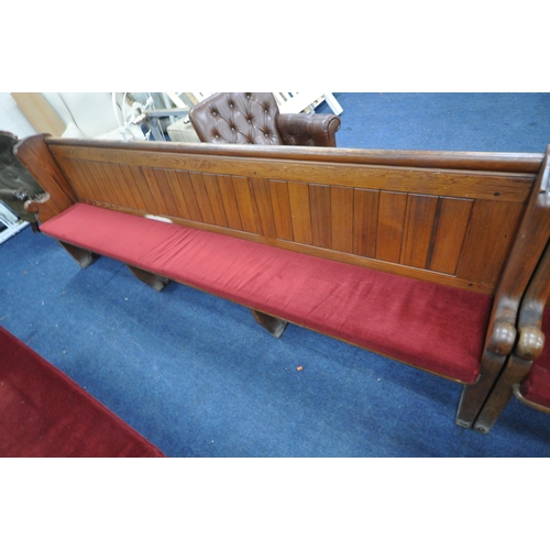 1278 - A 20TH CENTURY PINE CHURCH PEW, from Chase Terrace Methodist Church, with burgundy upholstered seat ... 