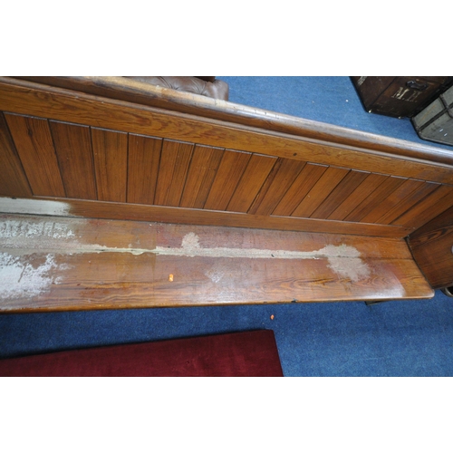 1278 - A 20TH CENTURY PINE CHURCH PEW, from Chase Terrace Methodist Church, with burgundy upholstered seat ... 