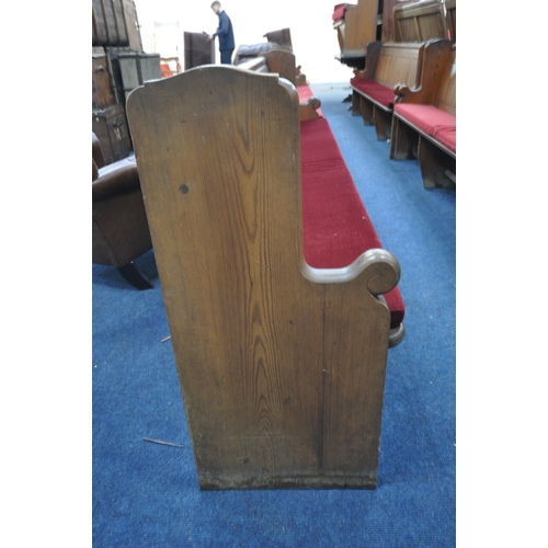 1278 - A 20TH CENTURY PINE CHURCH PEW, from Chase Terrace Methodist Church, with burgundy upholstered seat ... 