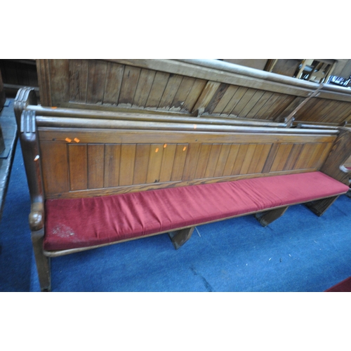 1279 - A PAIR OF 20TH CENTURY PINE CHURCH PEW, from Chase Terrace Methodist Church, with burgundy upholster... 