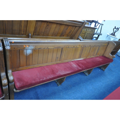 1279 - A PAIR OF 20TH CENTURY PINE CHURCH PEW, from Chase Terrace Methodist Church, with burgundy upholster... 