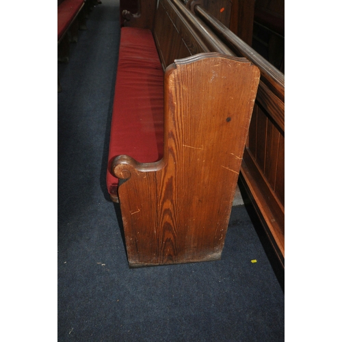 1279 - A PAIR OF 20TH CENTURY PINE CHURCH PEW, from Chase Terrace Methodist Church, with burgundy upholster... 