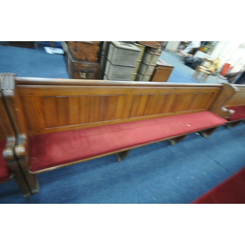 1280 - A PAIR OF  20TH CENTURY PINE CHURCH PEW, from Chase Terrace Methodist Church, with burgundy upholste... 