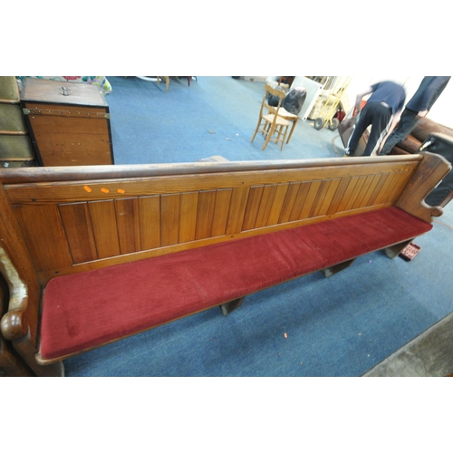 1280 - A PAIR OF  20TH CENTURY PINE CHURCH PEW, from Chase Terrace Methodist Church, with burgundy upholste... 