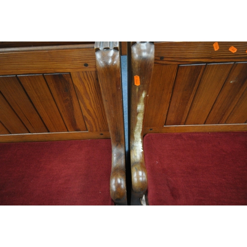 1280 - A PAIR OF  20TH CENTURY PINE CHURCH PEW, from Chase Terrace Methodist Church, with burgundy upholste... 