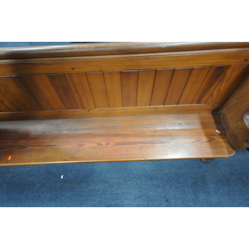 1280 - A PAIR OF  20TH CENTURY PINE CHURCH PEW, from Chase Terrace Methodist Church, with burgundy upholste... 