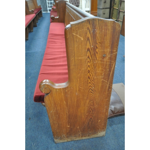 1280 - A PAIR OF  20TH CENTURY PINE CHURCH PEW, from Chase Terrace Methodist Church, with burgundy upholste... 