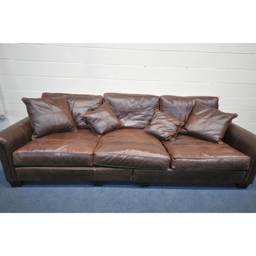 1281 - A LARGE DEEP DURESTA BROWN LEATHER THREE SEATER SOFA, with sprung cushions, length 305cm x depth 129... 