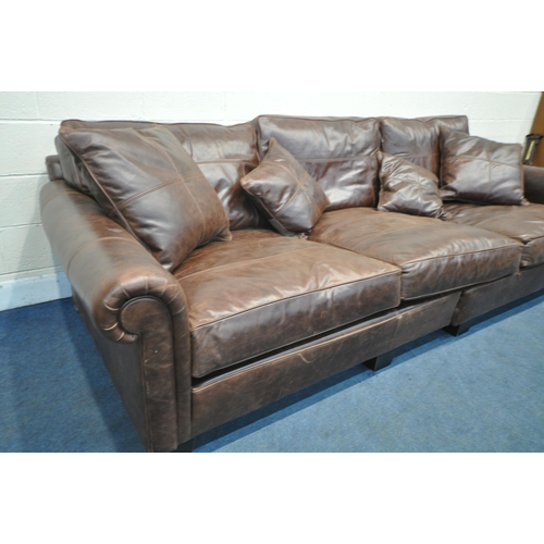 1281 - A LARGE DEEP DURESTA BROWN LEATHER THREE SEATER SOFA, with sprung cushions, length 305cm x depth 129... 