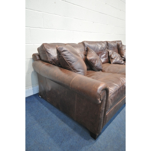 1281 - A LARGE DEEP DURESTA BROWN LEATHER THREE SEATER SOFA, with sprung cushions, length 305cm x depth 129... 