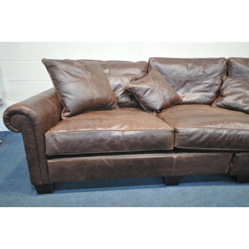 1281 - A LARGE DEEP DURESTA BROWN LEATHER THREE SEATER SOFA, with sprung cushions, length 305cm x depth 129... 