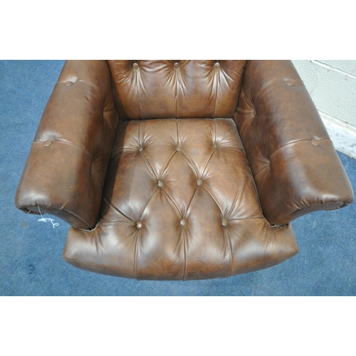 1282 - A LAURA ASHLEY BROWN 100% CATTLE HIDE BUTTONED ARMCHAIR, width 82cm x depth 74cm x height 84cm, alon... 