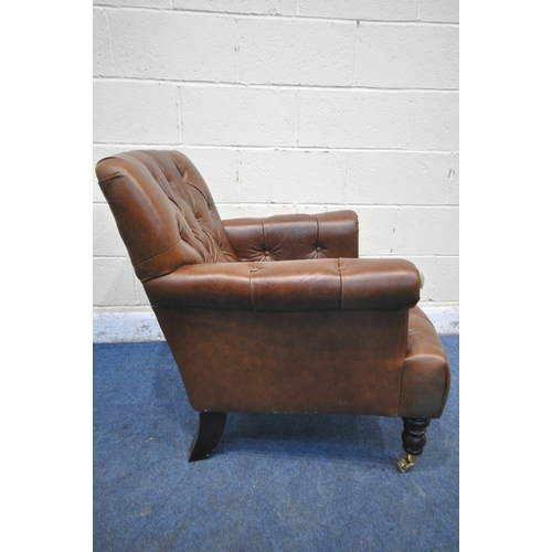 1282 - A LAURA ASHLEY BROWN 100% CATTLE HIDE BUTTONED ARMCHAIR, width 82cm x depth 74cm x height 84cm, alon... 