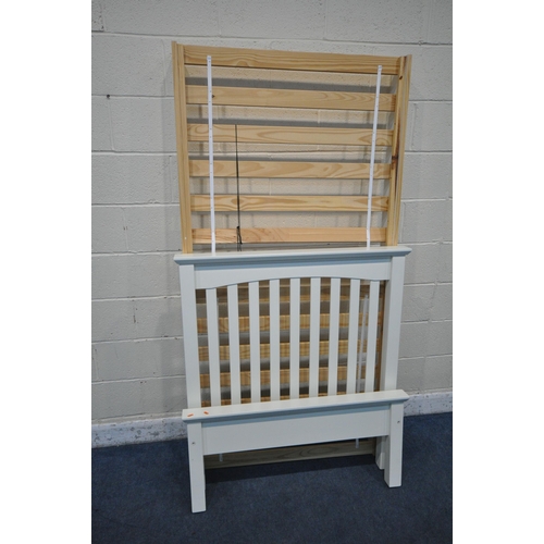 1284 - A MODERN WHITE PINE SINGLE BEDSTEAD, with side rails, slats and bolts (condition report: general sig... 