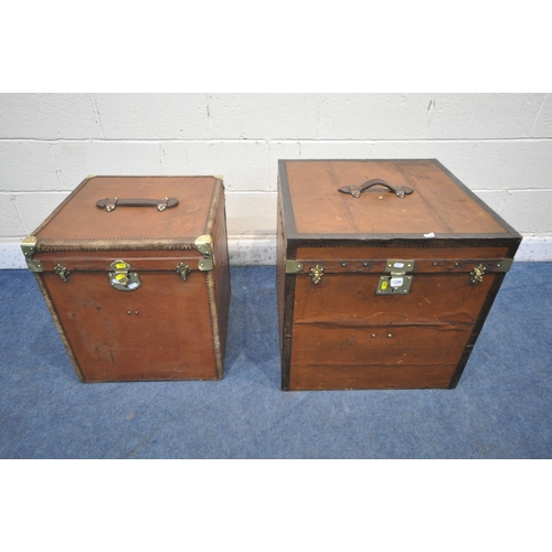 1286 - TWO SIZED FRENCH HAT TRUNKS, with a leather handle to the hinged lid, that's enclosing multiple pads... 