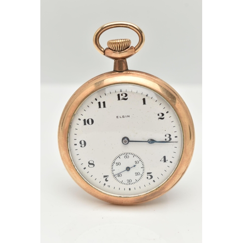 26 - AN 'ELGIN' OPEN FACE POCKET WATCH, hand wound movement, round white dial signed 'Elgin', Arabic nume... 