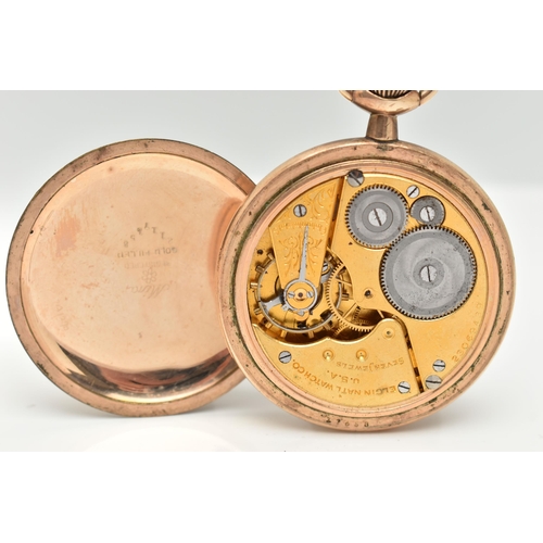 26 - AN 'ELGIN' OPEN FACE POCKET WATCH, hand wound movement, round white dial signed 'Elgin', Arabic nume... 